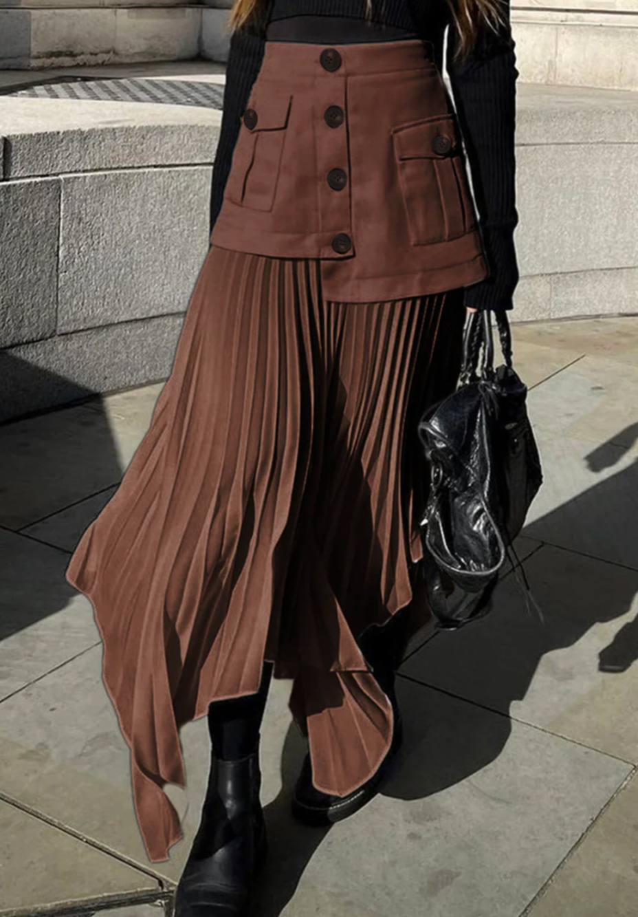 Commense Asymmetrical Pleated Skirt Brown Button Pocket XL NWT Modern Minimalist